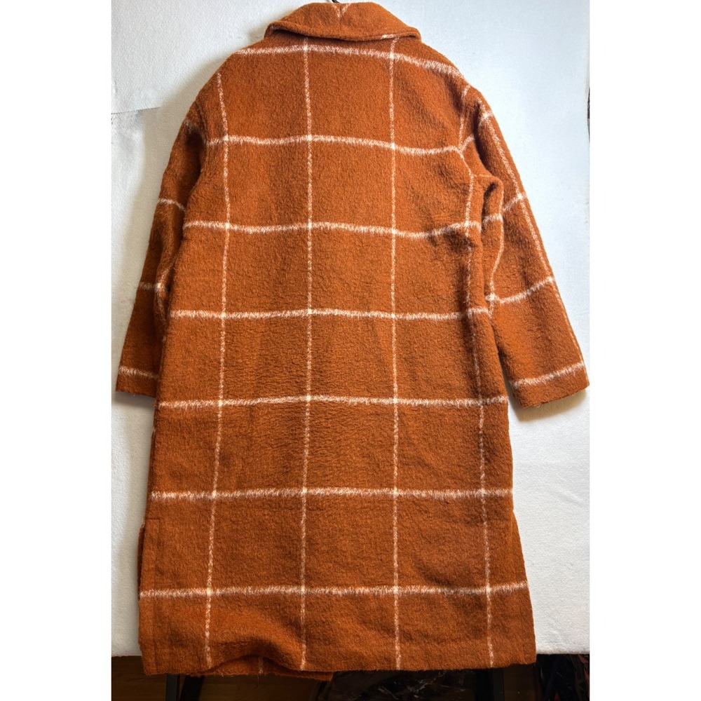 Old Navy Womens Long Windowpane Plaid Coat Rust Orange Boucle Overcoat Large - Picture 3 of 8